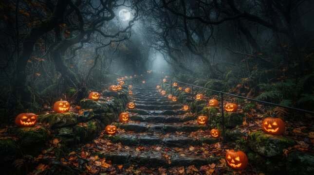 Spooky Stone Stairs Trail in Dark Woods