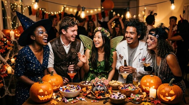 Cheerful Adult Friends Having Halloween Dinner Party