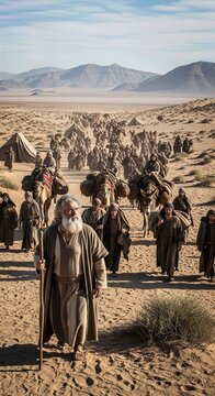 Sacred patriarch guide: Moses lead, Israelite journey, wilderness trek, divine faith, Biblical destiny, theology path, desert exile, spiritual quest.