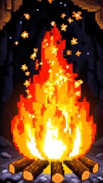 Pixel Art Campfire Burning With Floating Embers In Dark Night Setting