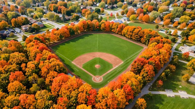 Aerial view of a baseball field surrounded by autumn trees in a suburb