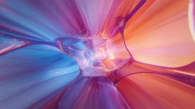 Moving camera forward, glossy tunnel revealing central square and blue-orange light gradient in CGI