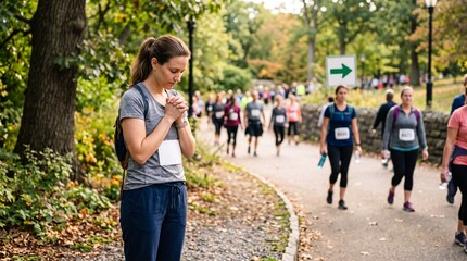 Obraz premium Woman praying for strength before a race in a park with other runners in the background
