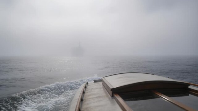 Cutting wooden sailboat bow section advancing forward at sea while fog shifting, with furled boom