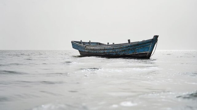 Floating worn rowboat bobbing on calm sea with light breeze shifting boat, with blue paint, rope