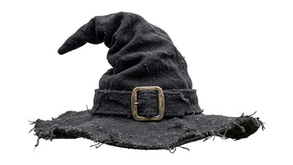 A crumpled black fabric witch hat with a worn silver buckle, often used for halloween costumes or fantasy-themed parties and events © ATIQULISLAM