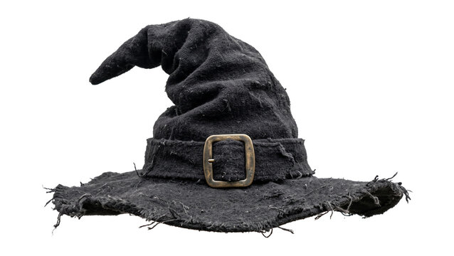 A crumpled black fabric witch hat with a worn silver buckle, often used for halloween costumes or fantasy-themed parties and events