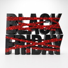 Naklejka premium Black Friday 3D Text Wrapped in Red Caution Tape with Hazard Do Not Cross Warnings
