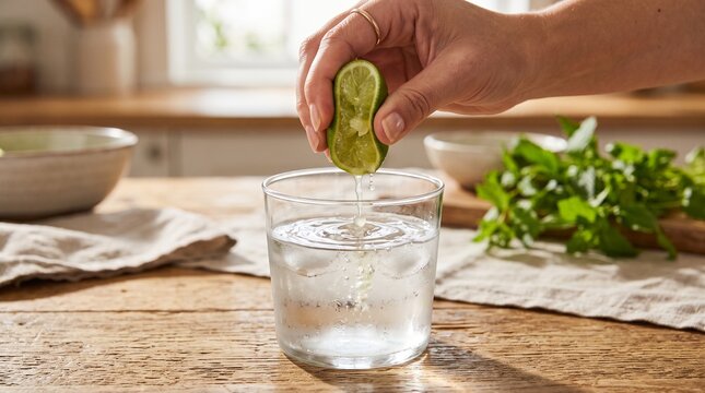 Hand squeezing fresh lime juice into a glass of ice water on a rustic wooden table