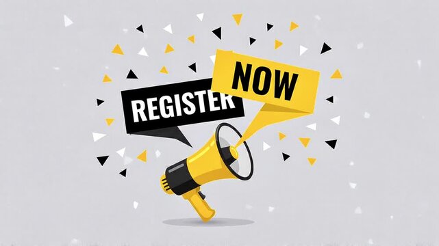 Megaphone graphic promoting registration with banners and confetti on a grey background.