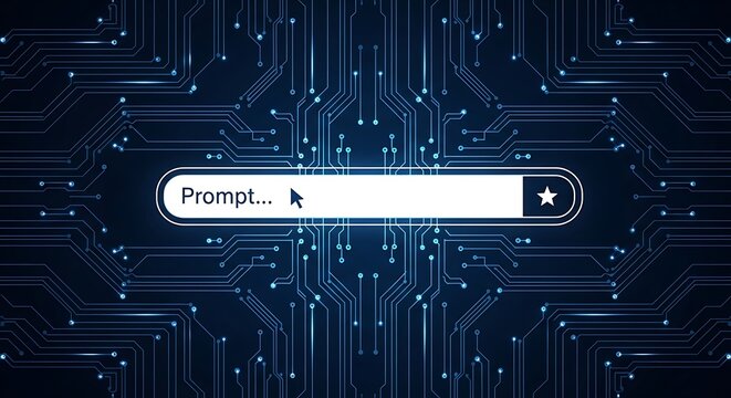 Digital circuit board background with a search bar and star icon on dark blue