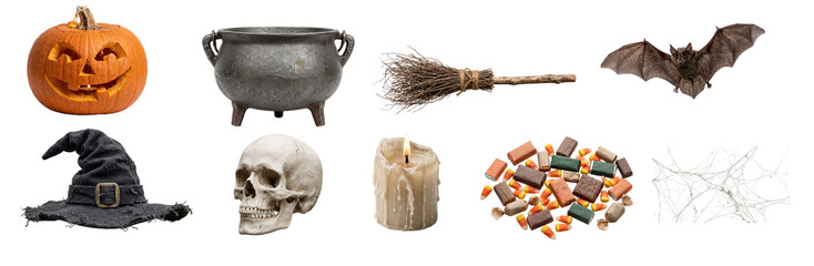 Spooky halloween icon collection featuring jack o lantern pumpkin skull witch hat cauldron broomstick candle bat candy and spiderwebs for holiday graphic design. © ATIQULISLAM