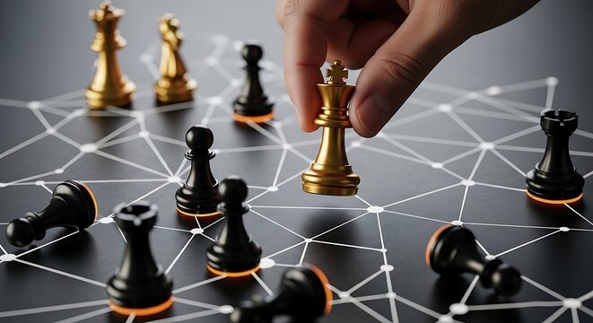Strategic chess move with a golden king piece on a network grid background representing business planning