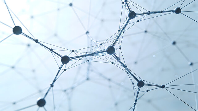 Abstract molecular network structure with blue spheres and connecting lines on light background