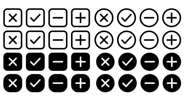 Collection of check mark, cross, plus, and minus sign icons in square and circular shapes, black and white vector.