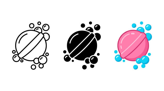 Bath bomb vector icon set with bubbles in outline, solid, and colorful flat design styles for spa themes