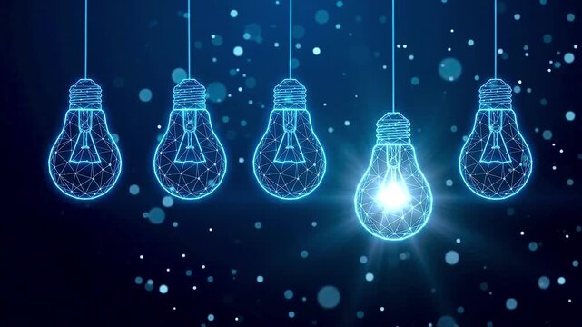 Light bulbs glowing with digital network mesh structure on a blue background symbolizing creative innovation.