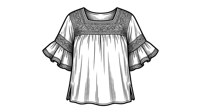 Embroidered peasant blouse with ruffled sleeves.