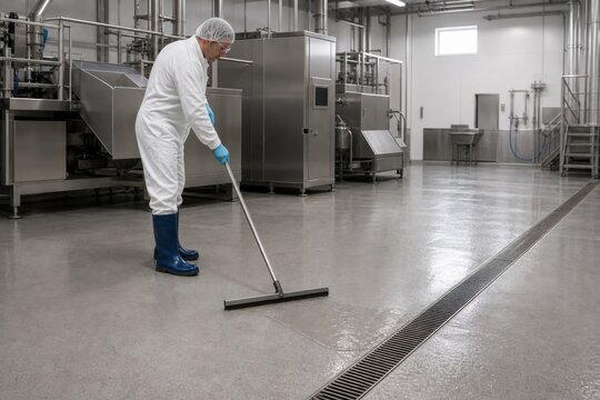 Worker cleaning floor with squeegee in food factory