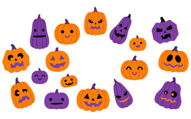 Fototapeta premium A delightful collection of cheerfully carved pumpkins in orange and purple hues perfect for festive halloween celebrations and spooky autumn decor