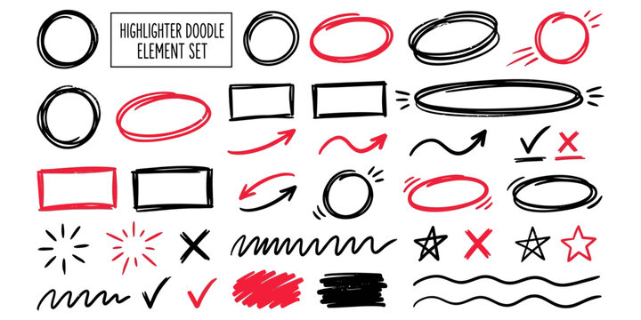 Highlighter Doodle Element Set with Red and Black Marker Highlights