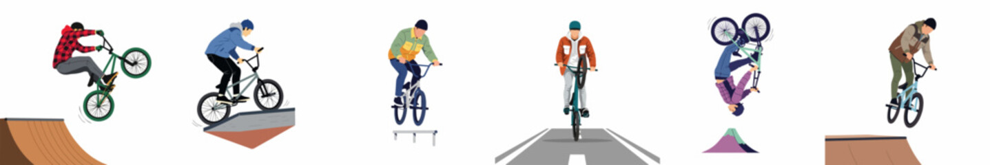 Fototapeta premium Collection of flat vector illustrations depicting various BMX riders performing stunts, jumps, and riding in different urban environments on a white background.