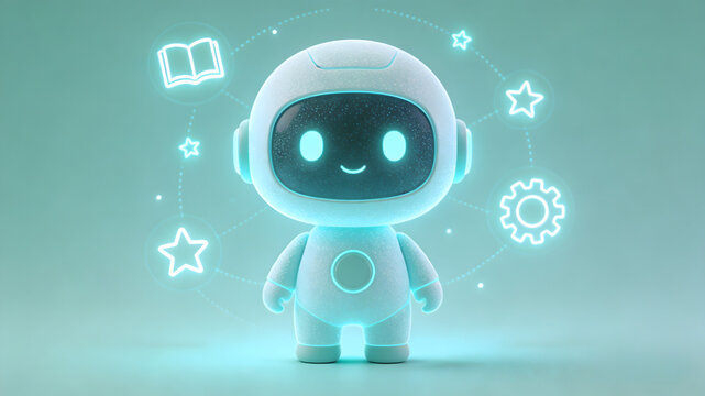 Cute white robot with glowing blue eyes and icons on teal background