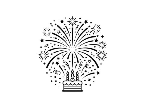 Birthday cake with exploding fireworks line graphic.