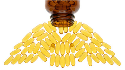 Amber glass bottle upright dispensing a fan pattern of golden omega-3 fish oil capsules on a transparent background for nutritional display © ATIQULISLAM