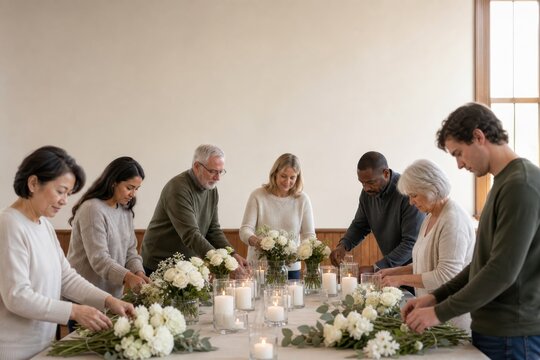 Group of volunteers arranging white flowers and candles