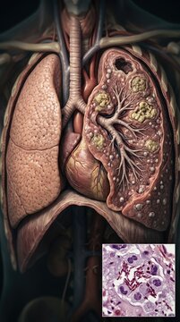 Pulmonary disease pathology: tuberculosis infection, Mycobacterium bacterium, respiratory illness, lung contagion, cough inflammation, TB diagnosis, medicine treatment, immunity recovery.