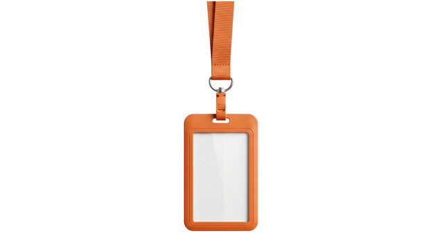 Orange identification card holder with a blank white insert, attached to a matching lanyard, designed for corporate use and event access