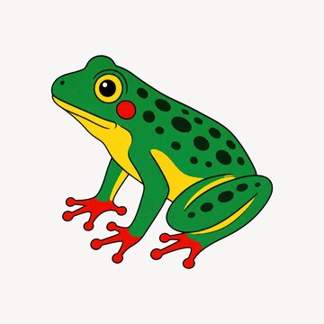 A vibrant, colorful cartoon illustration of a green tree frog with yellow underbelly and red feet, isolated on a background.
