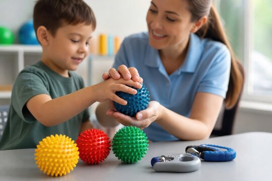 Therapist guiding child with sensory balls in therapy session