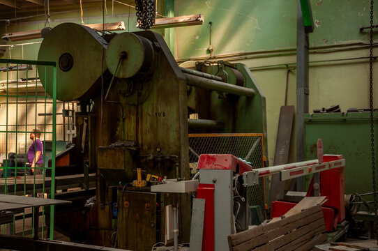 Abandoned old industrial textile research institute with laboratory chemistry glass, machinery workshop and factory hall