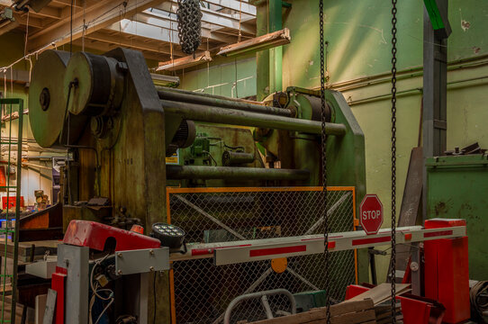 Abandoned old industrial textile research institute with laboratory chemistry glass, machinery workshop and factory hall