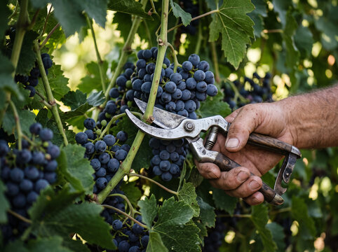 Cutting mature dark grape cluster from vine using garden secateurs tool
