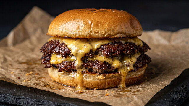Classic Double Smash Burger with Melted Cheese on Brown Parchment Paper, Dark Background, No People