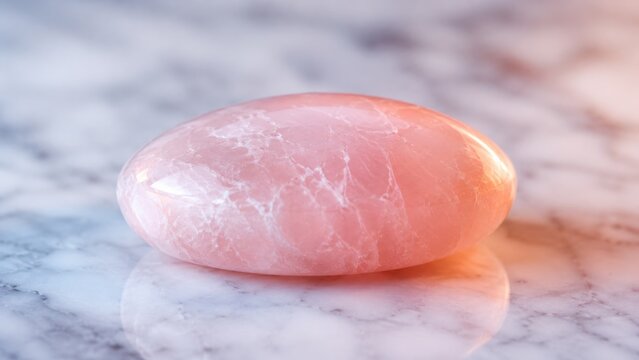 Polished rose quartz palm stone on white marble surface