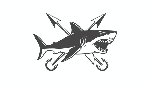 Aggressive shark mascot logo swimming in front of crossed diving spears and harpoons on a clean white background.