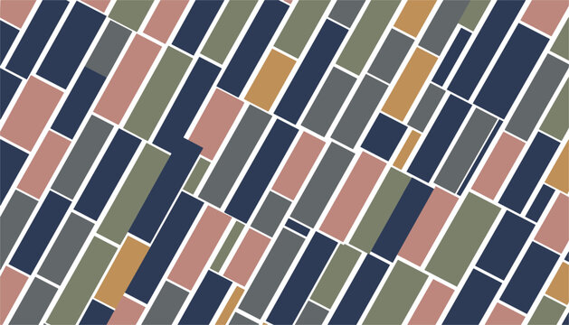 Modern abstract geometric background pattern composed of colorful rectangular tiles in navy blue terracotta and green.