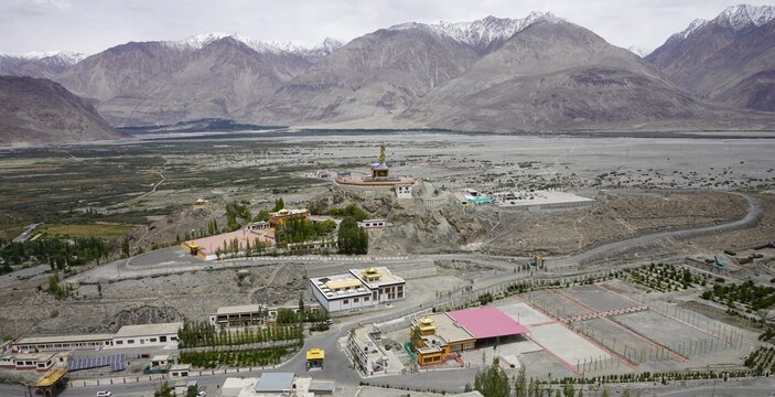 Nubra valley view from Diskit monastery with Buddha statue of Cho Rinpoche in Ladakh, India
