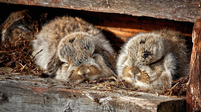 Two sleeping bunnies nestled in hay and wood