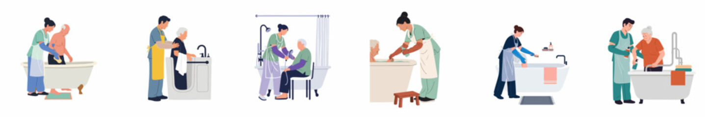 Obraz premium Set of flat illustrations showing caregivers assisting elderly people with bathing, washing, and personal hygiene tasks in a home care setting.
