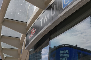 Fototapeta premium sign over entrance to TMU Station, Line 1, (Dundas and Yonge), Toronto