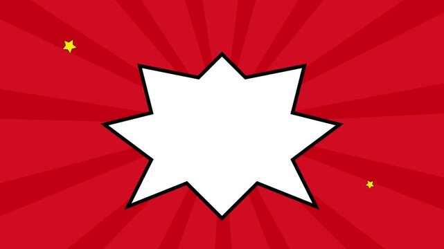 Comic book style speech bubble animation with red sunburst background, and floating yellow stars