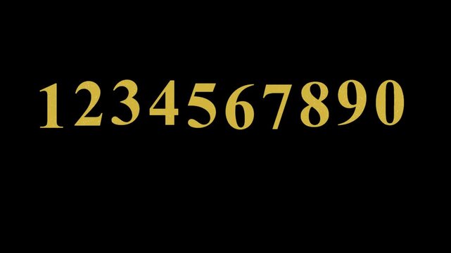 Gold numbers 0-9 sequence on black background, for luxury branding, and motion digits