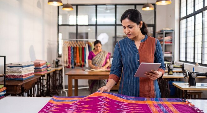 Confident Indian woman entrepreneur using digital tablet while inspecting fabric in textile MSME workshop