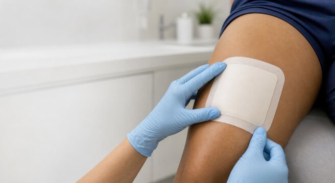 Medical professional checking bandage on patient leg