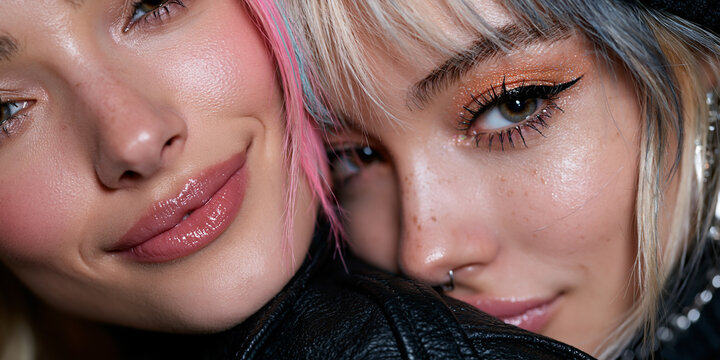 two women of different backgrounds flirting in stylish alternative fashion, two diverse women sharing a playful romantic moment, multicultural women with colorful hair and glossy makeup